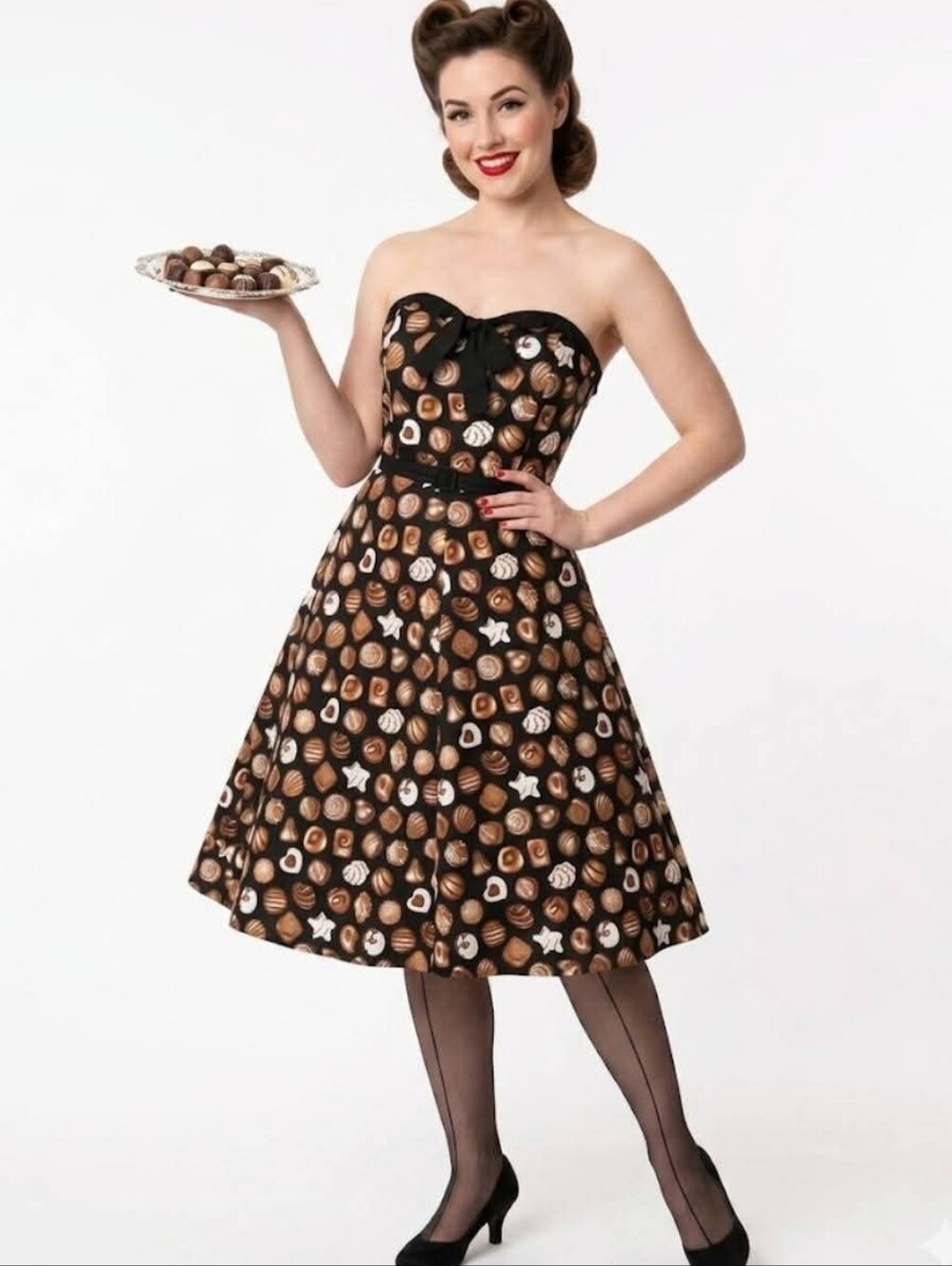 Retrolicious Strapless Black Dress with Brown & Cream Chocolate Print